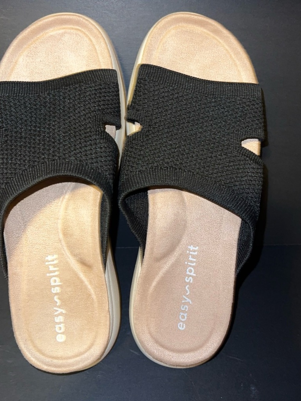 Easy Spirit Black Knit Slide Sandals with Beige Footbed